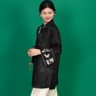 【暗香黑】香云纱重锻刺绣蝴蝶扣新中式国风香云纱太太服