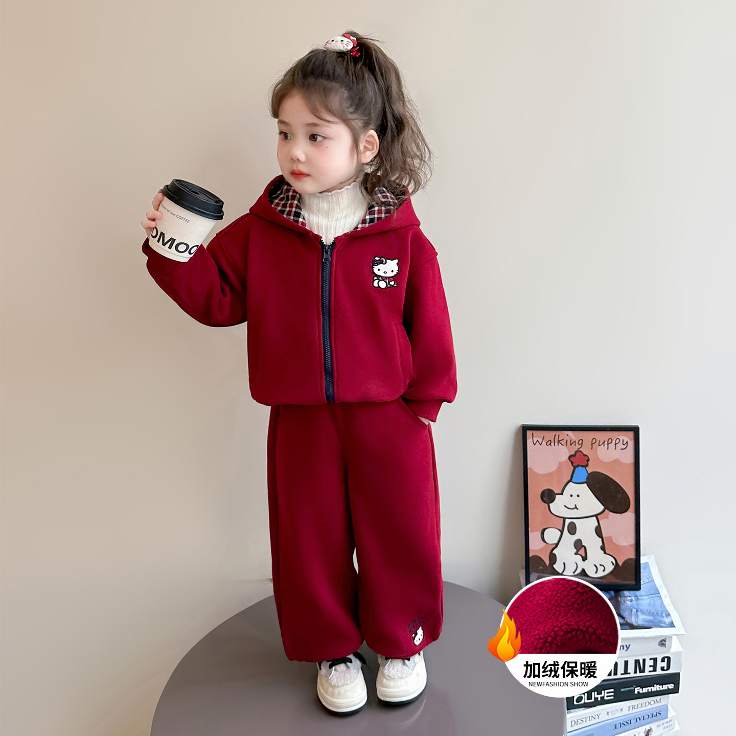 女童2025冬季新款秋冬装加绒套装加厚开衫外套儿童运动衣服两件套