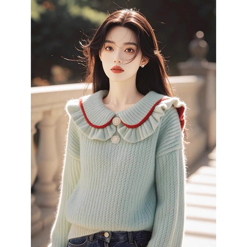 慵懒高级感小个子韩系穿搭奶呼呼软糯薄荷绿娃娃领针织毛衣女春秋