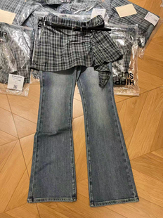 欧洲站2026春季 欧货时尚 百搭高腰格子屁帘两件套微喇牛仔裤 女 新款