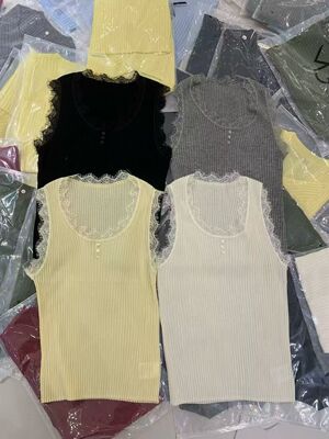 欧洲站2026春夏新款 欧货时尚U领蕾丝拼接纯色百搭无袖针织背心