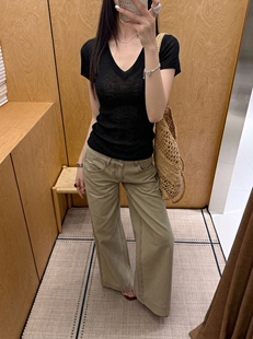 韩系V领针织短袖T恤女夏季鸡心领基础款百搭显瘦内搭打底衫上衣