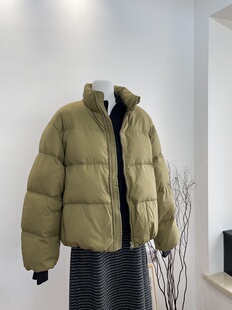 Acme Ground绿咖格子立领羽绒服女秋冬宽松短款面包服白鸭绒外套