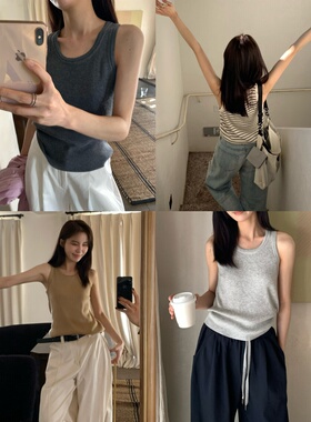 韩系坑条针织背心女 春夏宽松显瘦圆领无袖上衣 内搭外穿百搭吊带