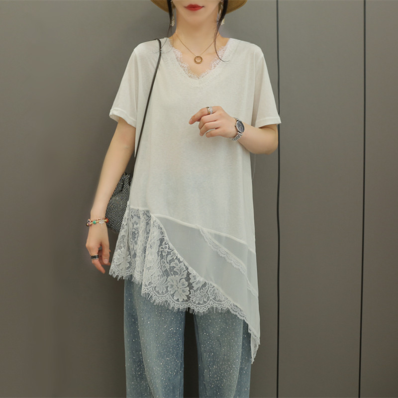 春夏新款V领短袖T恤中长款拼接蕾丝雪纺花边打底衫宽松棉开叉女