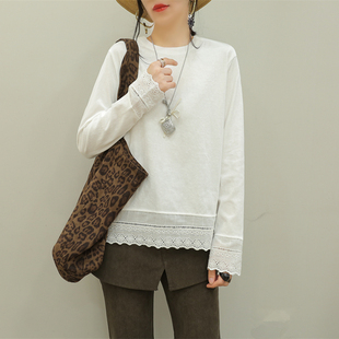 刺绣打底衫 T恤女蕾丝镂空小衫 内搭上衣拼接纯棉外穿薄 新长袖 春季