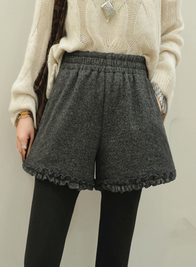 冬黑灰色宽松直筒阔腿裤A字靴裤花边木耳边毛呢呢子加绒厚短裤女