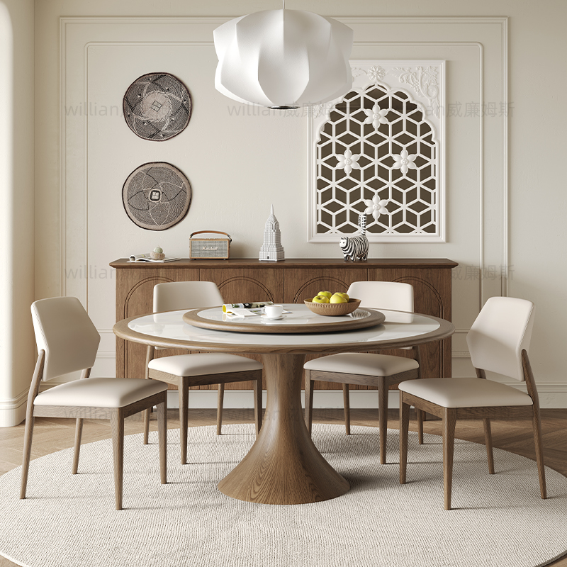 实木圆形岩板简约内嵌实木餐桌