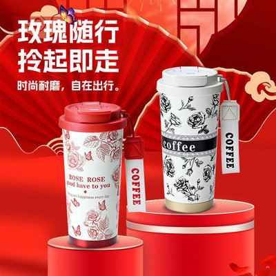 保温杯316不锈钢女生高颜值ins大容量学生便携陶瓷内胆双饮咖啡杯