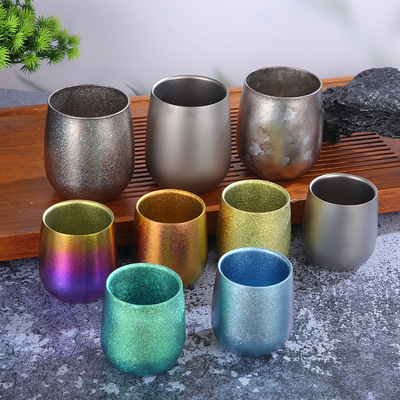 新款钛杯双层蛋壳杯大肚鸡蛋杯家用隔热轻奢啤酒杯U型杯纯钛水杯