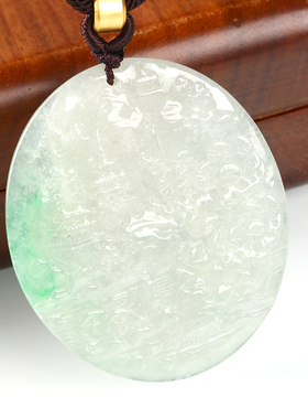 欧说珠宝23.63克高货天然翡翠老坑冰糯种阳绿山水风景吊坠玉项链