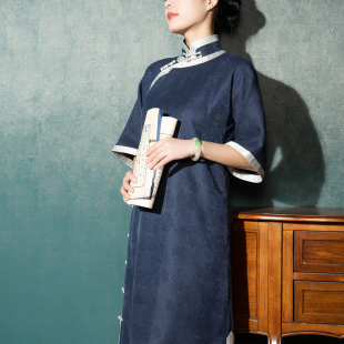 五分倒大袖 旧事旗袍 A字版 35姆米交织提花真丝红云纱一片式 蓝绣