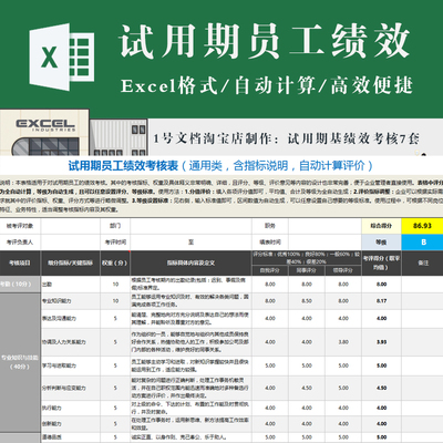 企业试用期员工绩效考核表excel  含指标说明及全自动计算