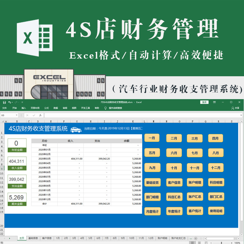 汽车4s店财务收支利润表管理系统excel表格模板 账目科目年度统计