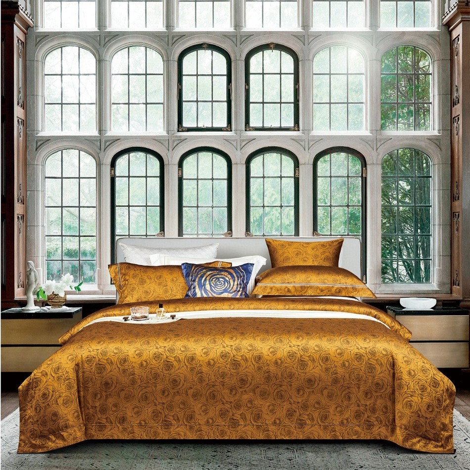 新款140支全棉欧式色织大提花四件套大红色简约高端别墅被套床品