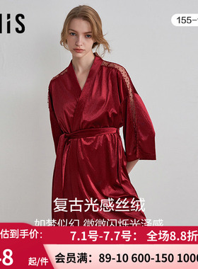 爱美丽IMIS女士秋冬红色性感法式丝绒轻薄蕾丝七分袖睡袍IM48BPL1