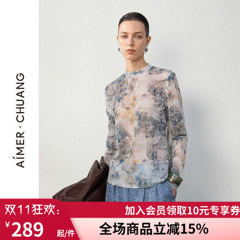 爱慕·CHUANG25春夏空气女士轻薄印花打底小高领长袖上衣CA721682