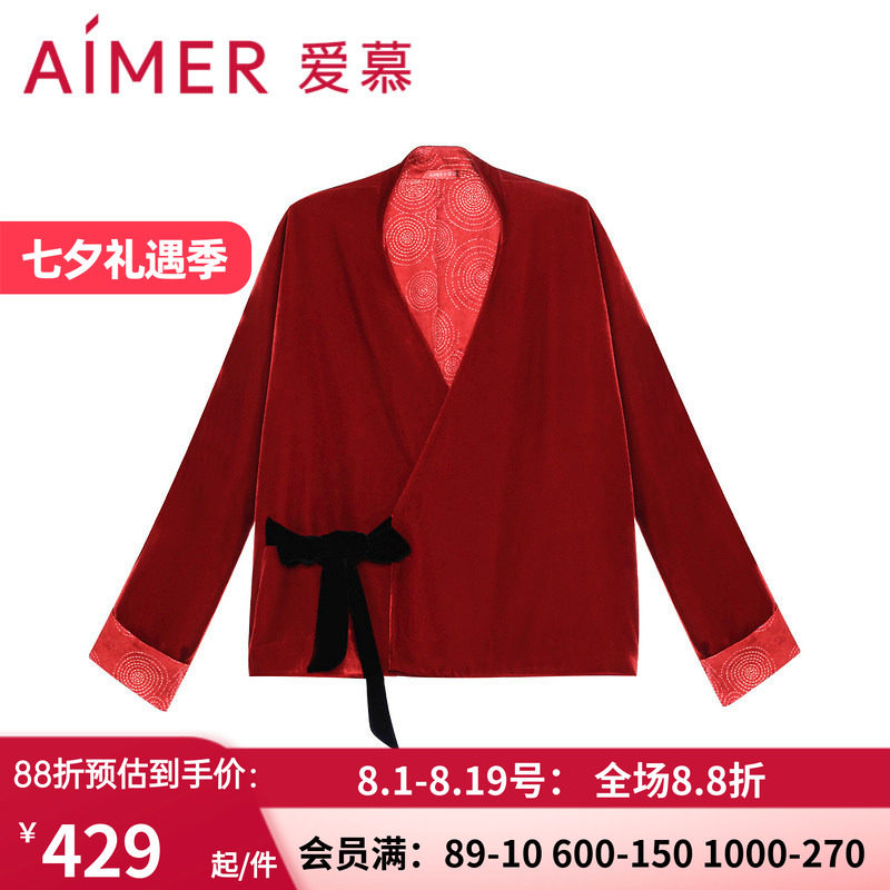 爱慕真丝绒国风红色家居上衣