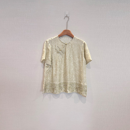 【钱老板推荐】真丝盘扣上衣女短袖圆领宽松国风衬衫L90559