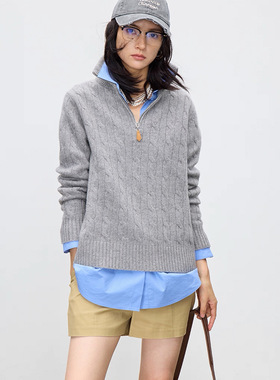 洋氣港风红 复古半拉链绞花RL风高智感 慵懒美丽诺羊毛大翻领针织