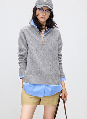 美丽诺羊毛大翻领针织复古半拉链