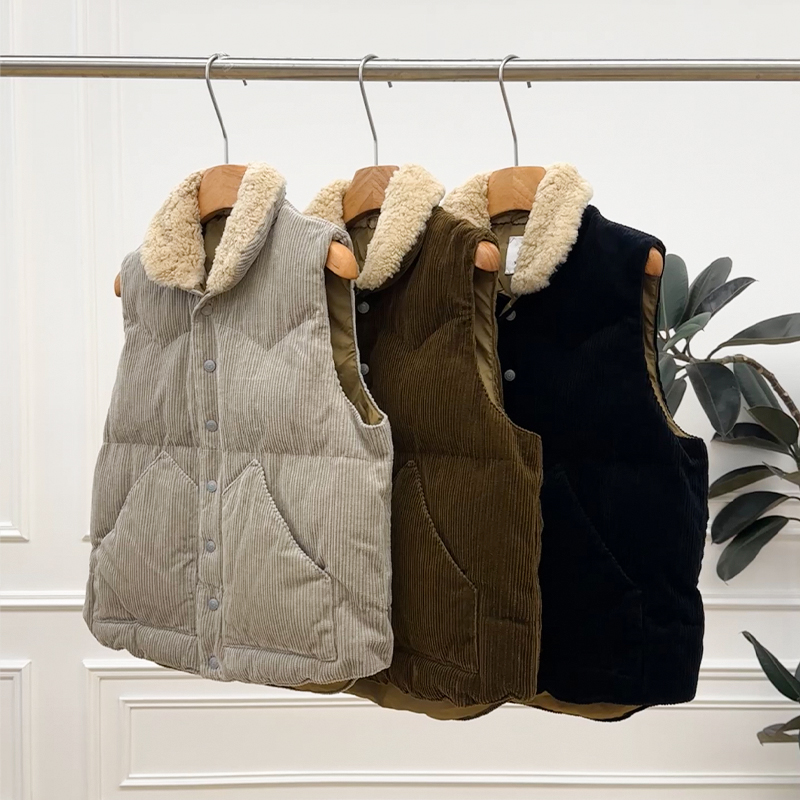 4*5R灯芯绒绗缝马夹 定制灯芯绒 绗缝衬垫羊羔毛领 908 镶边工艺