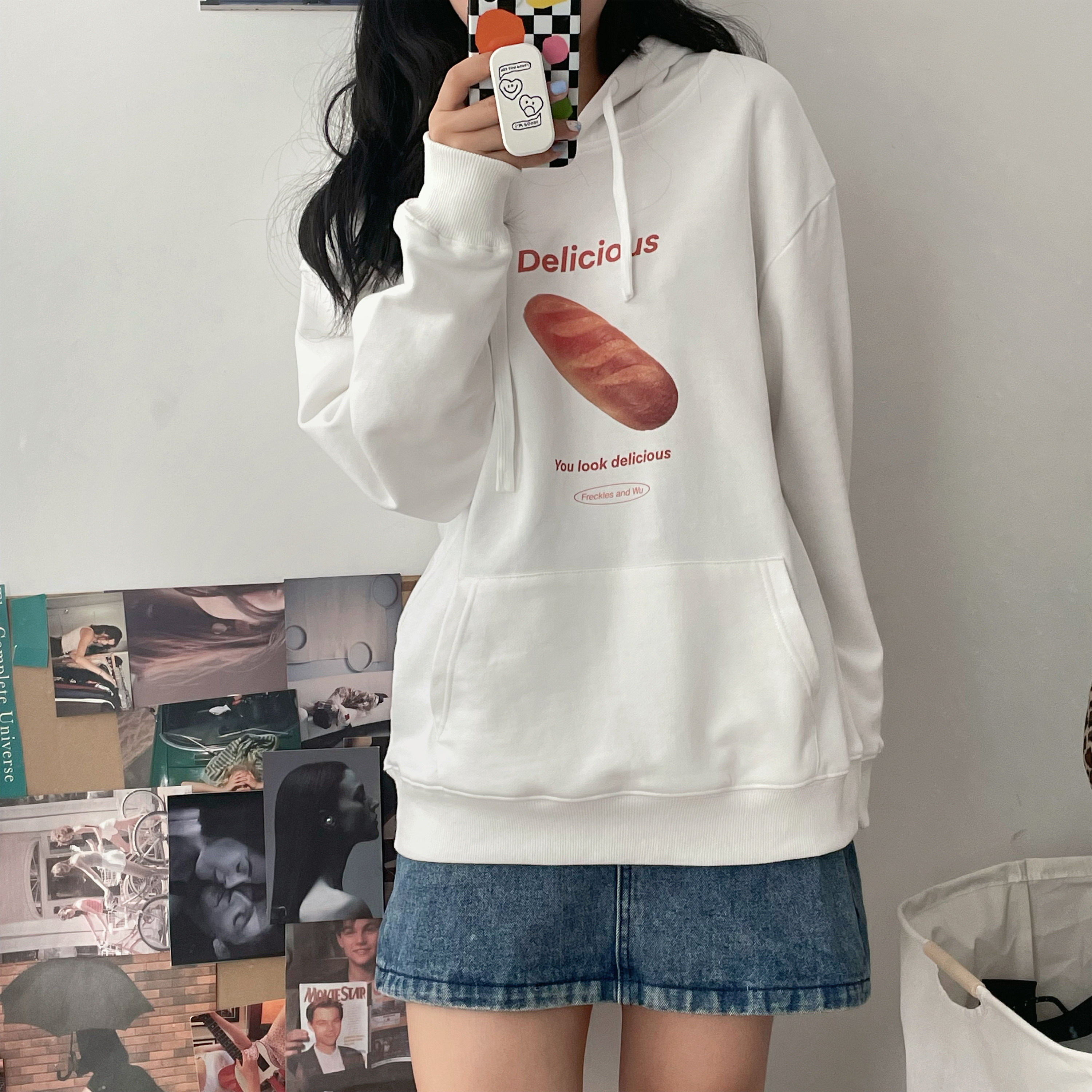 面包图案 雀斑与吴&一杠设计师联名Q2周边中性长袖套头连帽卫衣
