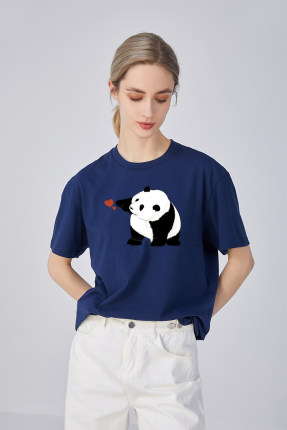 比心熊猫 一杠插画师联名潮流熊猫花花周边文化男女宽松短袖T恤