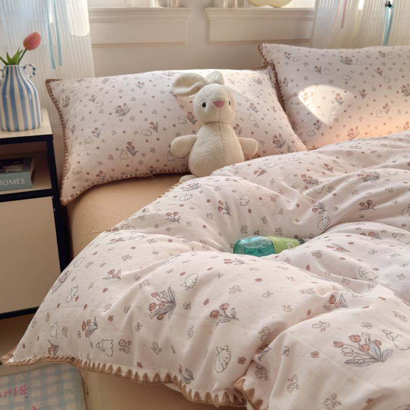 可爱兔子美拉德风全棉双层纱床品