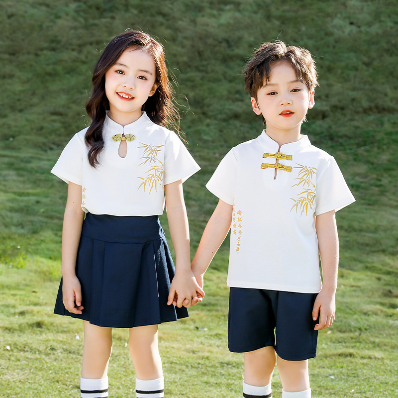 六一儿童表演出服套装小学生新中式幼儿园唐装中国风浅绿白色班服