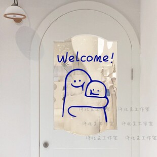 welcome可爱的抱抱克莱因蓝玻璃门贴纸防撞服装店童装橱窗装饰贴