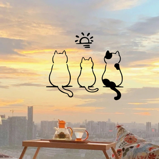 猫咪看日落玻璃窗贴阳台落地窗玻璃装饰贴纸 儿童房墙面布置贴画