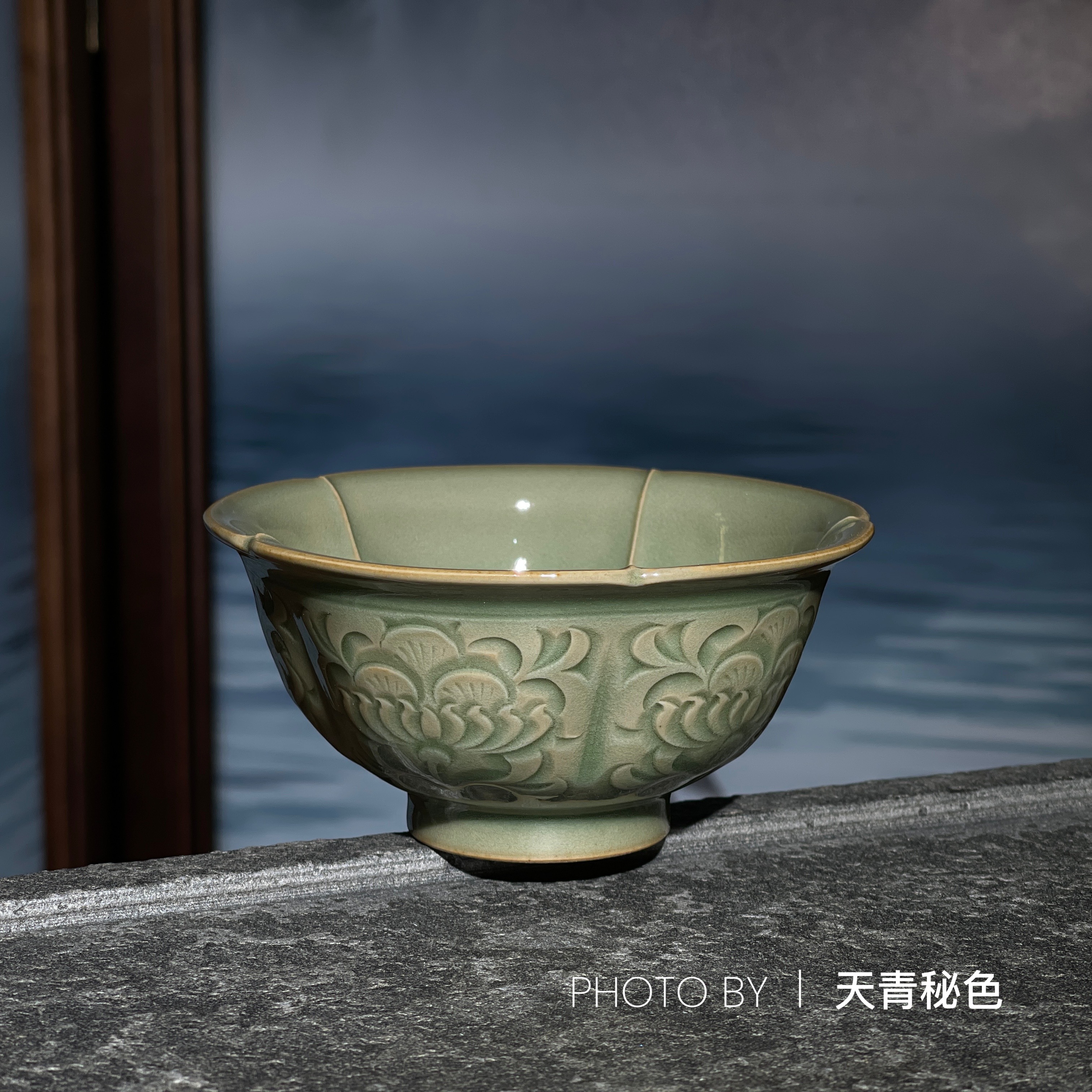 仿宋中式耀州窑功夫茶具茶杯陶瓷青瓷手工刻花花口出筋杯120ml