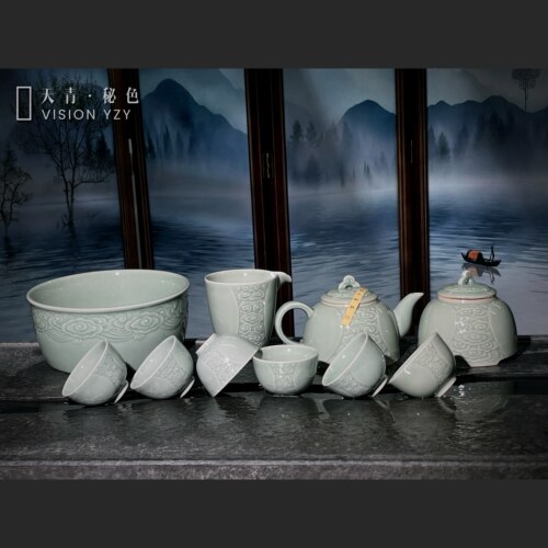 耀州窑青瓷手工刻花中式茶壶茶具