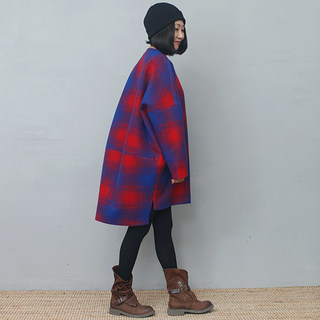 姜欢原创设计 中长红蓝格子厚毛呢宽松茧形设计感冬款罩袍外套