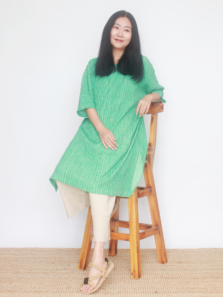 姜欢果绿色天丝麻5分袖连衣裙