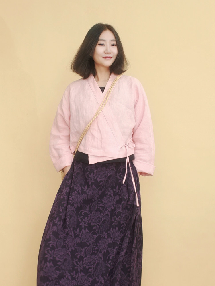 姜欢设计 夏款纯麻樱花粉短款斜襟系带中式汉服小褂,女装/女士精品,上衣,淘宝优惠券,粉丝福利购,淘宝优惠卷