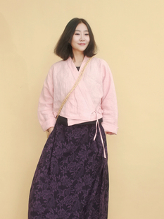 姜欢设计 夏款纯麻樱花粉短款斜襟系带中式汉服小褂