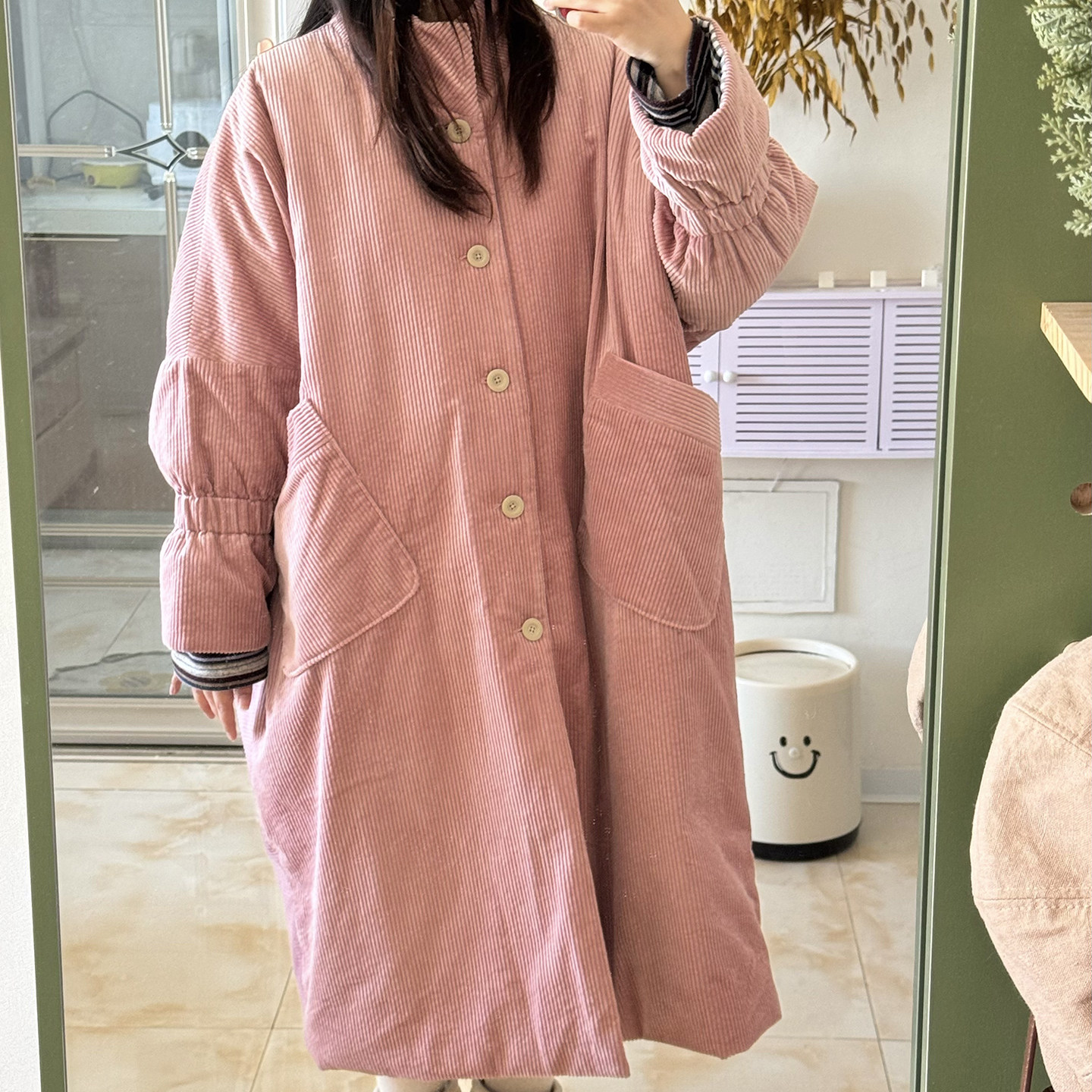 姜欢复古风圆领单排扣棉服女宽松中长款粉色通勤外套