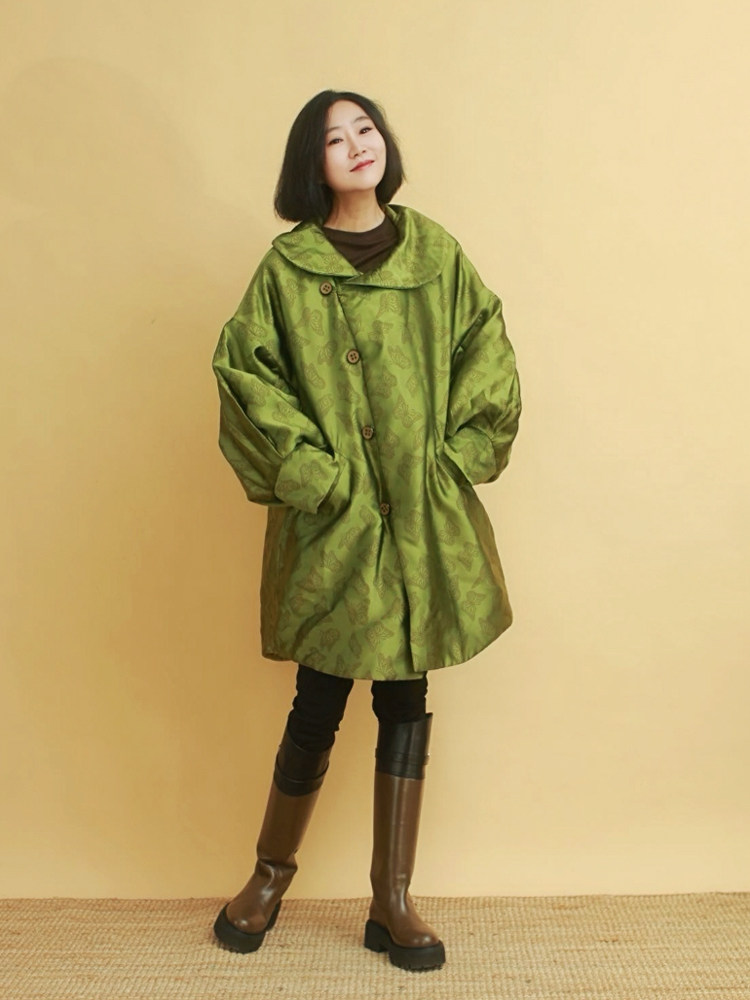 姜欢设计锦缎棉宽松厚款大棉袄