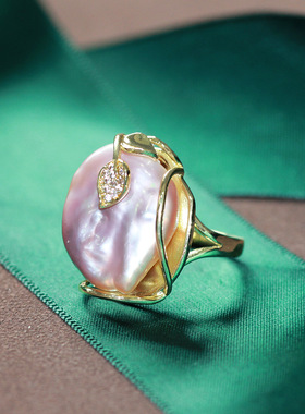 高档巴洛克珍珠戒指开口叶子复古