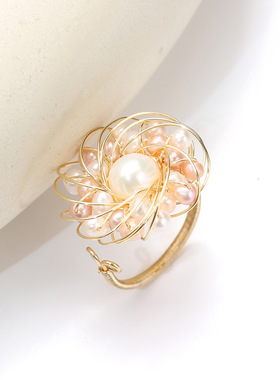 手工铜丝编制天然珍珠可调节戒指