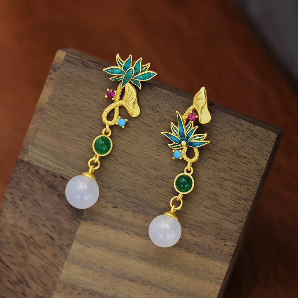 中式高档宫廷风耳坠镀金蓝色滴油莲花耳钉磨砂金925银针耳环女款