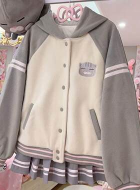 日系丧猫可爱软糯拼色毛呢棒球服少女秋冬宽松学院风夹克上衣外套