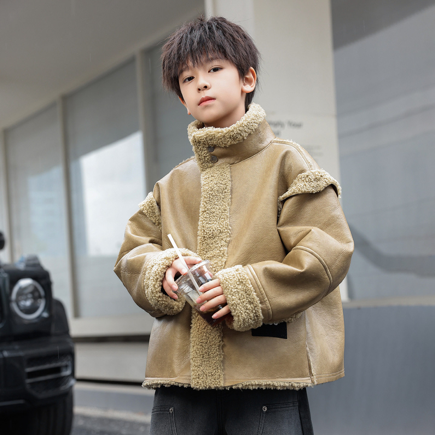 2025冬装新品男童皮衣夹克熊猫圆圆皮毛一体儿童加绒加厚保暖外套