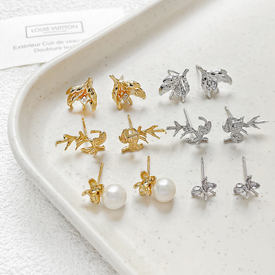 树枝珍珠托耳钉铜包金饰品配件