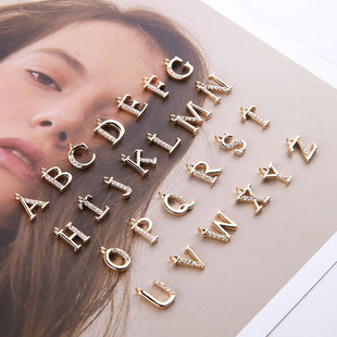 DIY手工饰品配件铜镀真金镶钻锆石英文字母挂件耳饰耳坠吊坠材料