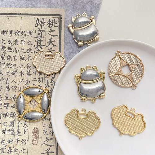 国风宋锦底胚双面扣盖如意锁钱袋招财猫合金配件diy手工配件