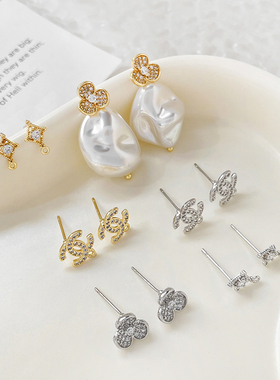 14k包金保色镶锆石三叶花双C新款耳钉S925银针diy手作耳环耳饰