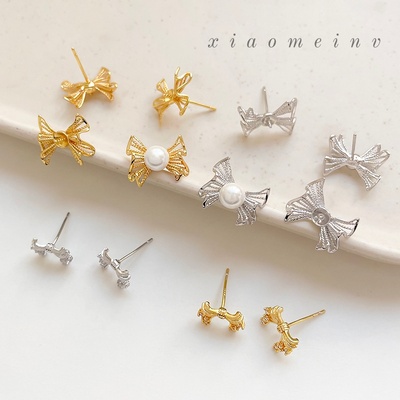 保色镀18k镂空不规则丝带蝴蝶结镶嵌锆石diy手工耳钉珍珠空托配件